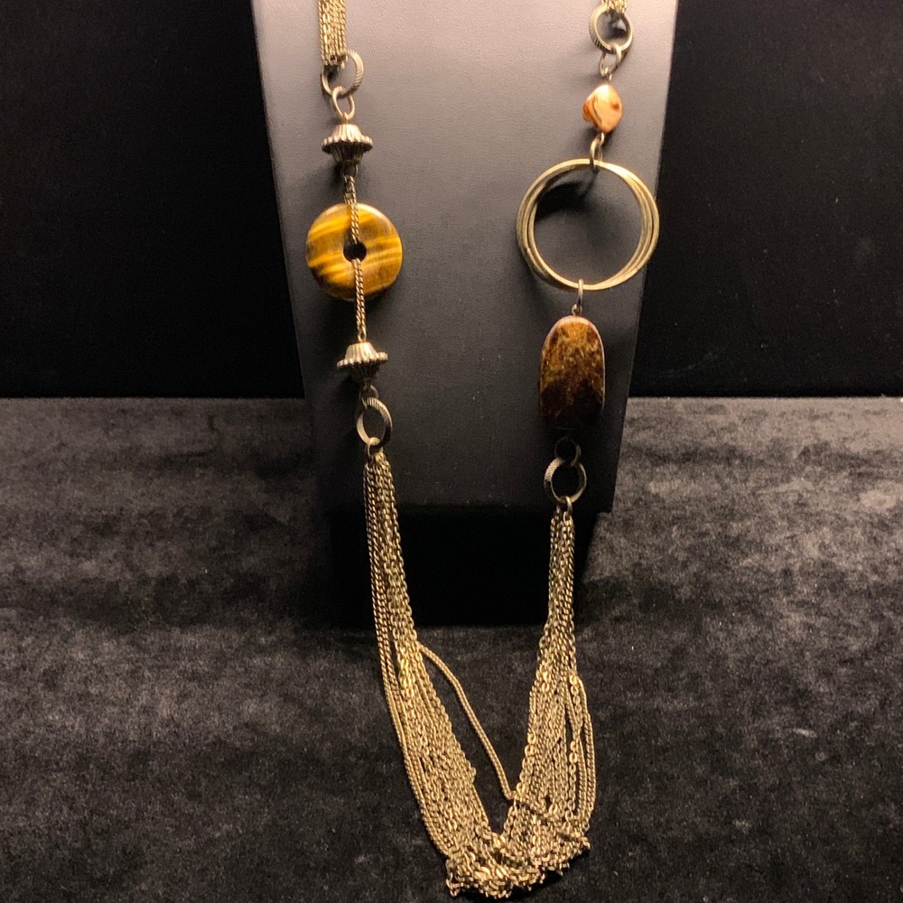 Brass Multi Strand Long Necklace Tiger Eye Stone Boho Statement